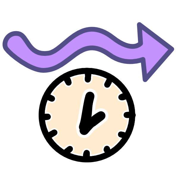 a squiggly purple arrow going from left to right, below it is an off white clock outlined in black